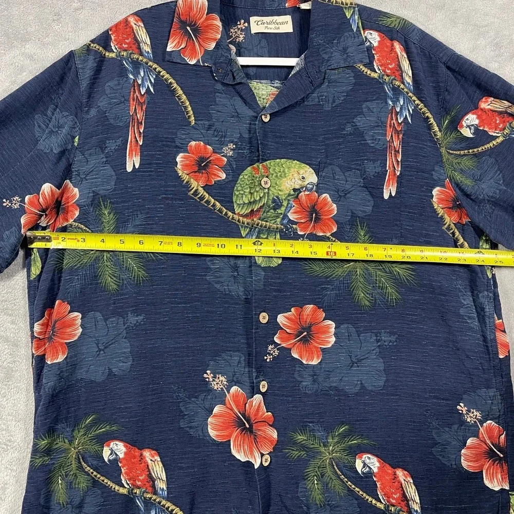 Caribbean Button Down Shirt Mens XL Blue Silk Tropical Parrot Hibiscus Camp - Picture 6 of 8